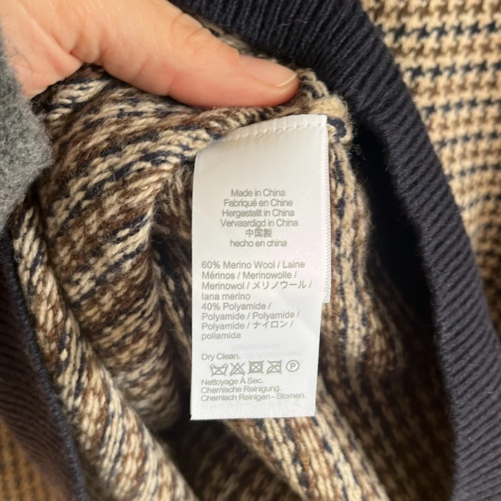 J.Crew Merino Wool Blend Sweater Men Large Navy Hazelnut Houndstooth